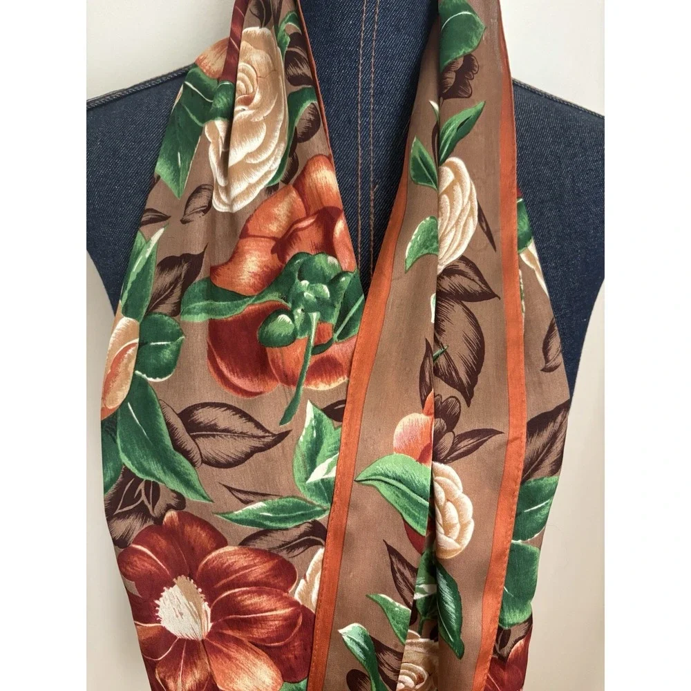 Vintage 90's Oscar De La Renta Silk Scarf Orange Brown Floral Long Rectangle